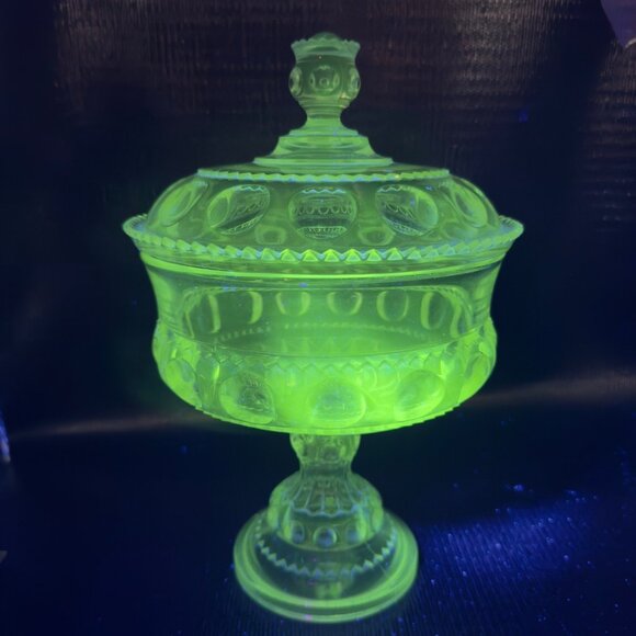 EAPG Kings Crown Covered Compote Adams Thumbprint Clear Manganese 365nm UV Large - Picture 1 of 14